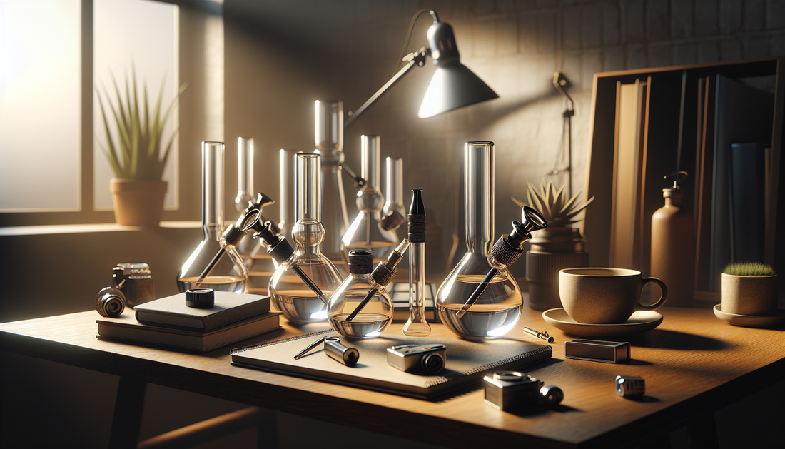Compact mini bongs on modern desk showing small size - best bongs for small spaces
