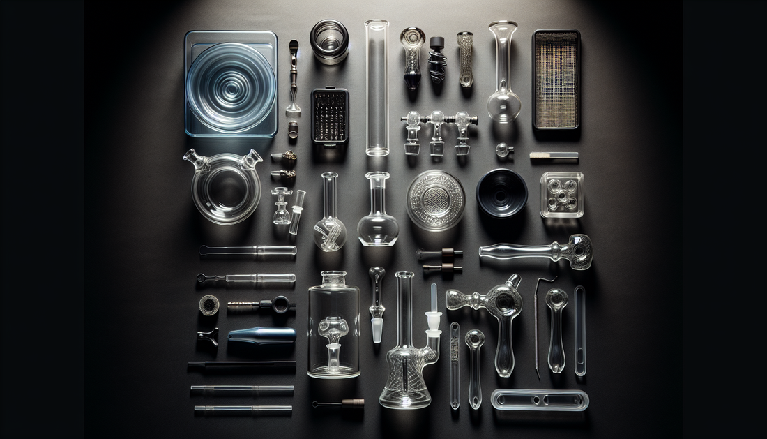 Essential bong accessories flat lay - ash catchers, bowls, downstems, screens, cleaning tools
